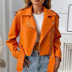 Orange Casual Women's Minimalist Zip Up faux leather Cropped Jacket